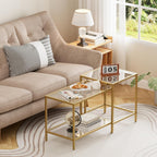 Nesting Coffee Table,Small Glass Coffee Table Set of 2,Black Modern Center Sofa Side Tea Table for Living Room,Bedroom and Small Spaces,2 Tier Tempered Glass, Easy Assembly,Gold