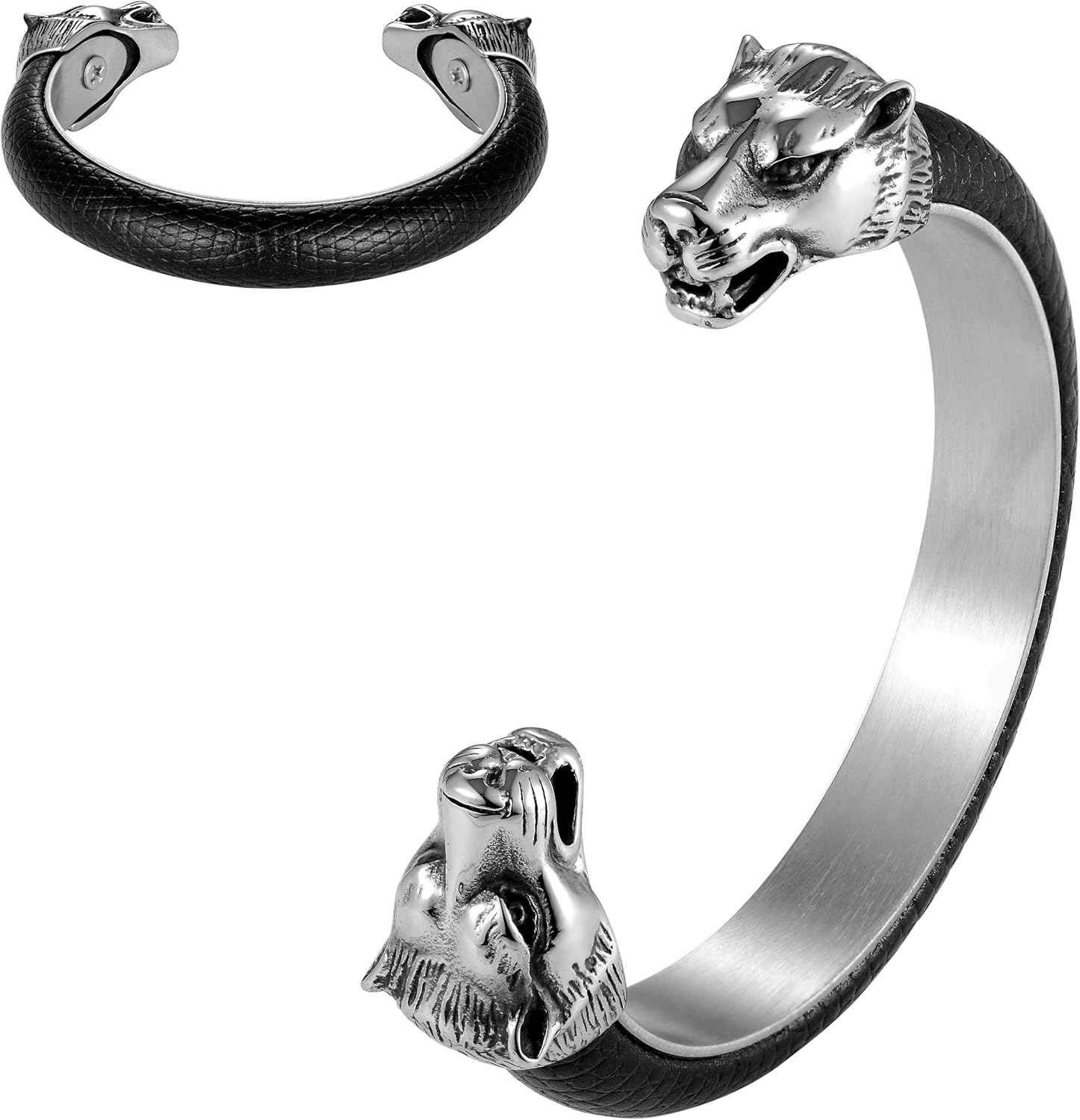 Beastly Stylish Men’s Bracelet – Wolf’s Head Adornment – Black & Polished Silver Color Band – Made of Genuine Leather & Rust Resistant Stainless Steel – Jewelry Gift or Accessory for Men