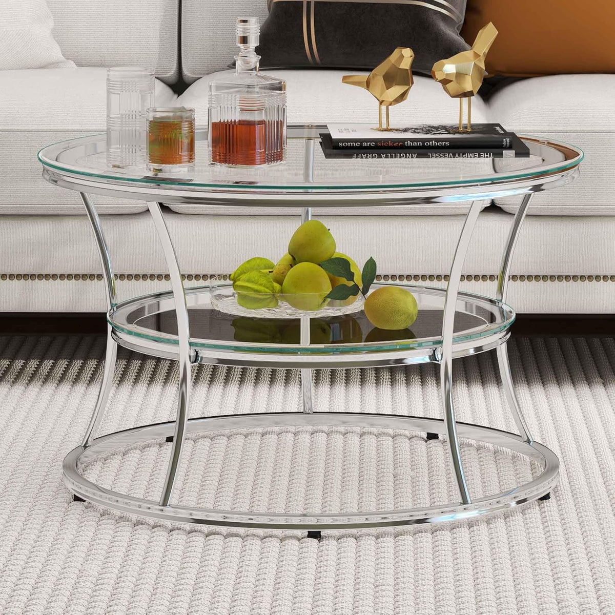 O&K FURNITURE Glass Coffee Table, 2-Tier Modern Living Room Table with Shelf, Tempered Glass & Chrome Frame, Silver Center Table for Living Room & Office, Chrome Finish, 1 PC