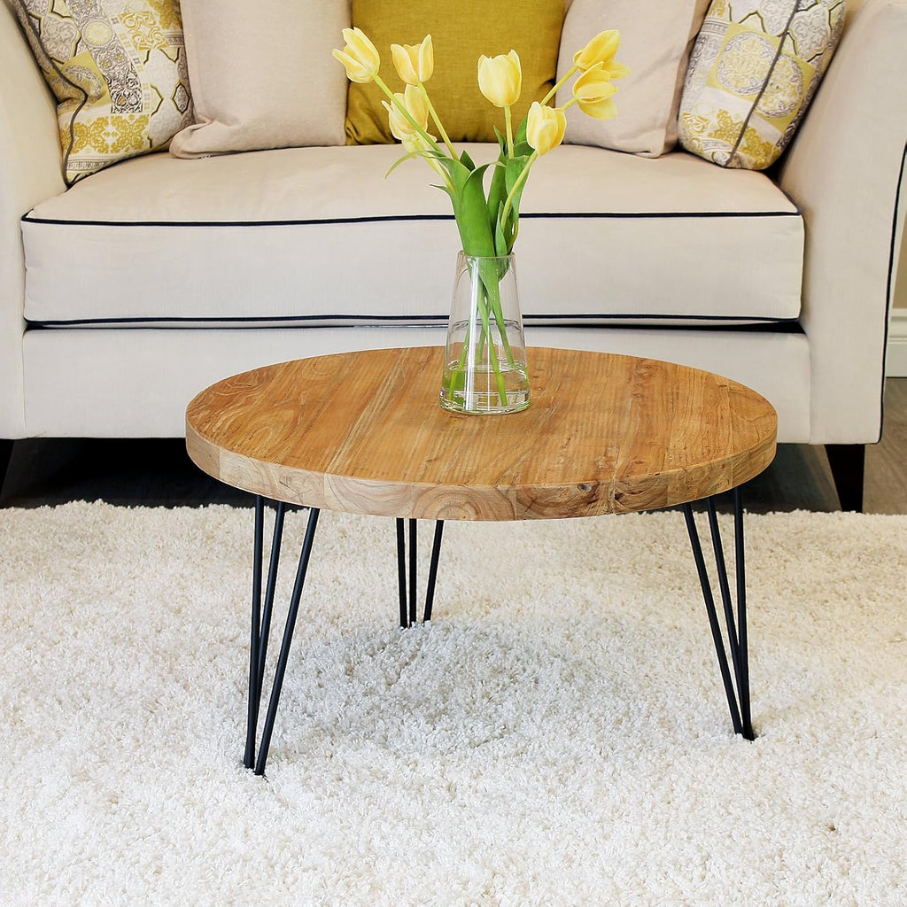 WELLAND Reclaimed Old Elm Coffee Table 27.5"x27.5"x16" H Accent Vintage Coffee Table Rustic Round Table for Living Room Patio Bedroom Home Office