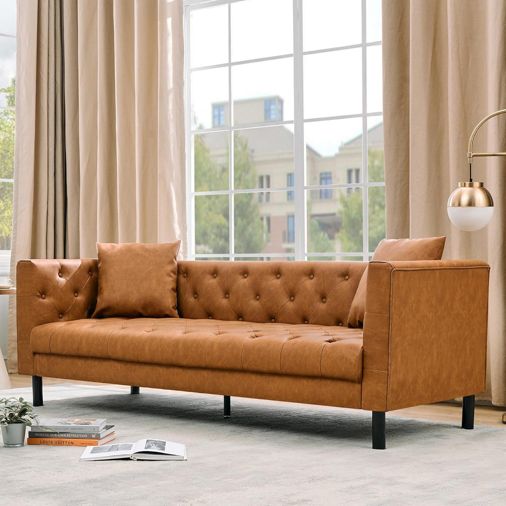81 Inch Leather Couch for Living Room, Modern Leather Sofa with Deep Seat, Handmade Button Tufted 3 Seater Sofa, Chesterfield Couch for Apartment, Office, Cognac Tan