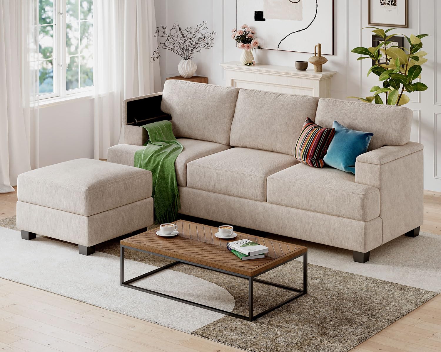 85'' L Shaped Couch with Armrest Organizer,Comfy 3 Seats Sofa with Thick Cushion,Chenille Sectional Couches for Living Room,Bedroom,Apartment,Sofa Set with Oversized Chair,Home Furniture,Green