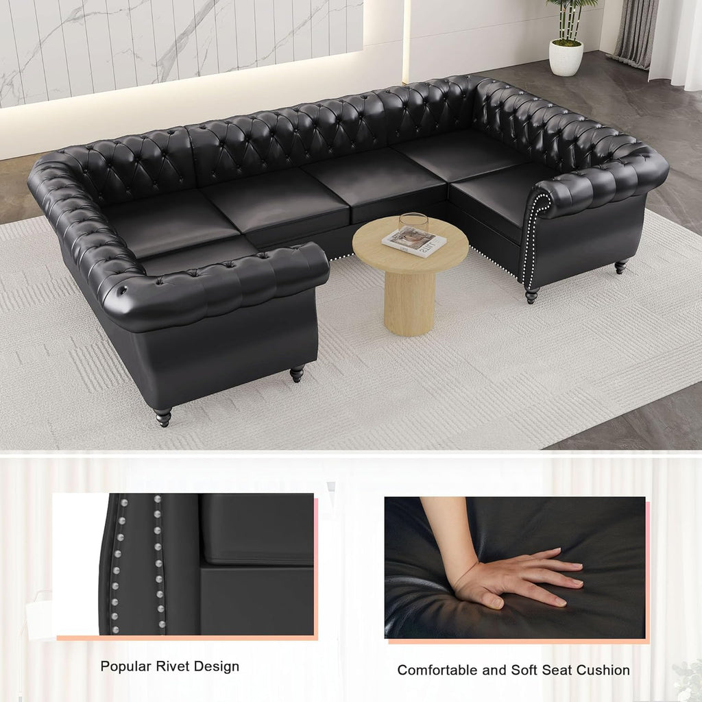 AVZEAR 3 Pieces Sectional U-Shaped Sofa, Leather Modular Sectional Couches Chesterfield Sofa Set, Modern Living Room Furniture Sets Upholstered Couch Set for Living Room, Office and Apartment, Black
