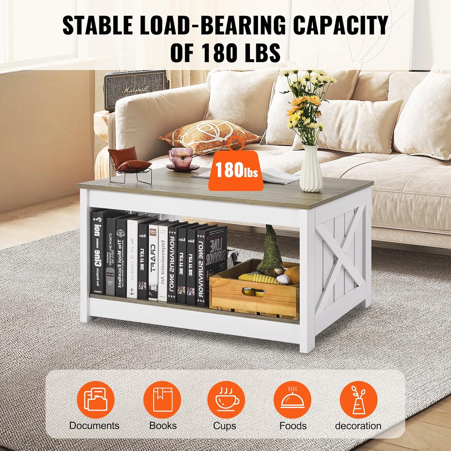 VEVOR 31.5" Farmhouse Coffee Table, Square Coffee Table with Open Storage Compartment, Wooden Rustic Cocktail Table for Living Room, Bedroom, Apartment, Studio, Grey & White