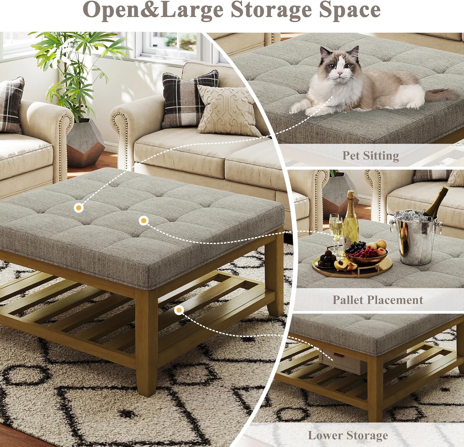 Large Square Ottoman Coffee Table, Linen Solid Upholstered Footrest Ottoman with Solid Wood Shelf Storage Tufted Coffee Table for Bedroom Living Room, Linen