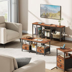Furologee Coffee Table with 2 Fabric Drawers, 35inch Small Coffee Table for Living Room, 2-Tier Central Table with Storage Shelves for Home Office, Rustic Brown