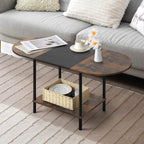 Coffee Tables for Living Room,2-Tier Small Oval Center Table Industrial Modern Style Coffee Tables with Storage Shelf and Wood Tabletop for Small Space,Home Office,Brown & Black