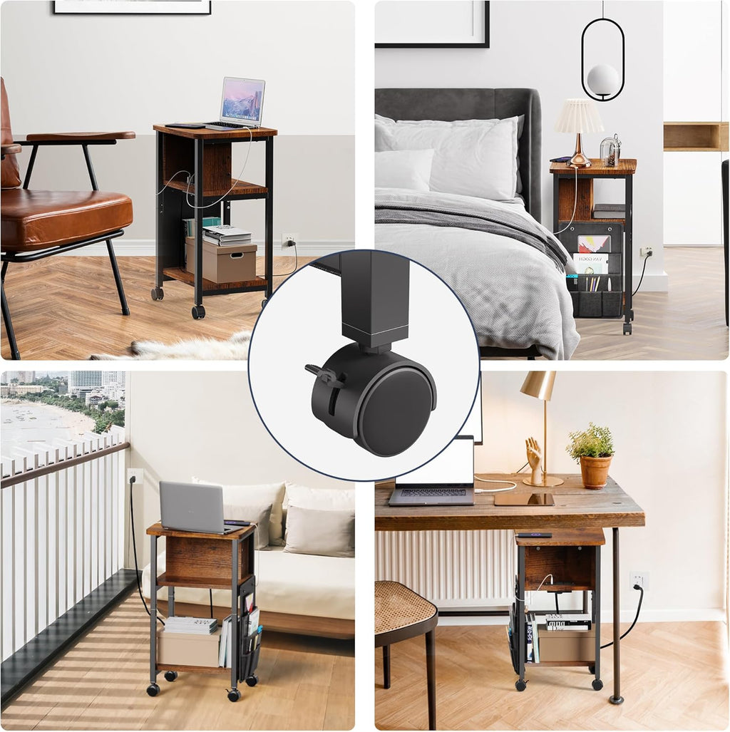 Merapi Small End Table with Charger, Side Table on Wheels, Mobile Nightstand with USB Ports, Rustic Wood Sofa Side Table with Storage for Small Spaces, Living Room, Bedroom, Home Office