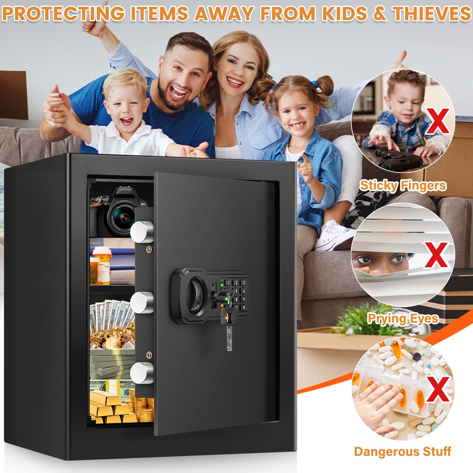 2.5 Cu ft Large Fire proof Safe Boxes for HOME USE, Digital Security Safe Box with Combination Lock & Fireproof A4 Document Bag, Home Safe Fireproof Waterproof for Money Medicine Documents Valuables