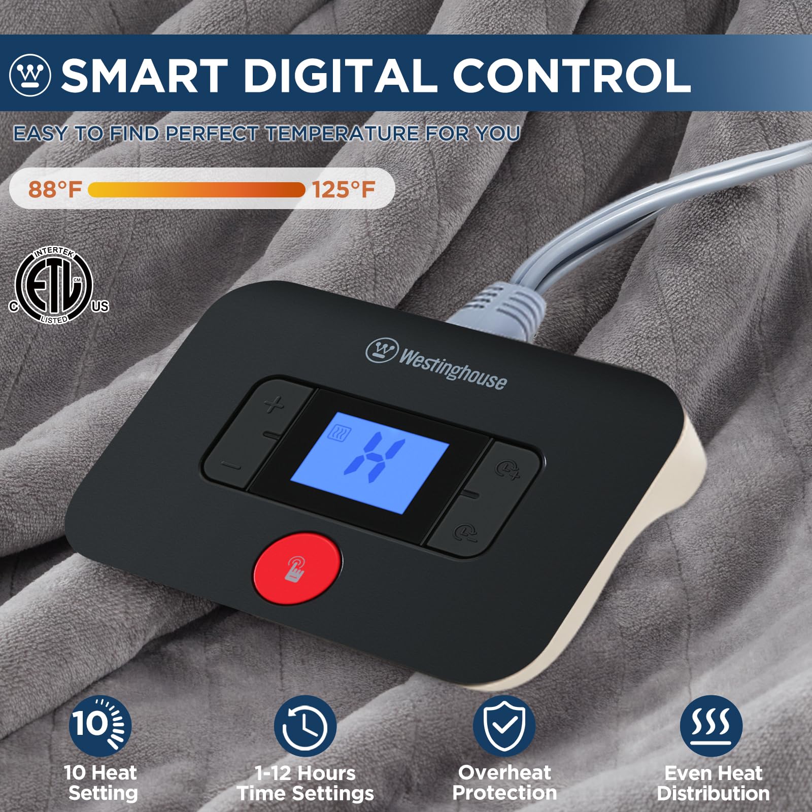 Manta eléctrica Westinghouse tamaño Queen, franela súper suave y acogedora 84" x 90" manta calefactable con 10 niveles de calentamiento rápido y apagado automático de 1-12 horas, lavable a máquina, certificación ETL y FCC, beige