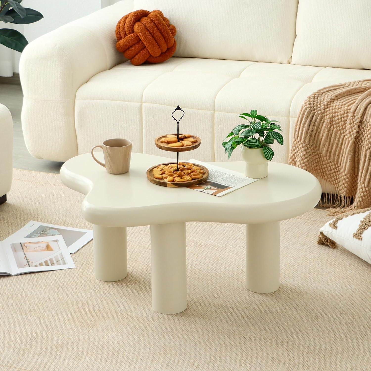 34"(L) Cloud Coffee Table, Modern Wood Coffee Table for Living Room, Accent Unique Center Tables with 3 Legs, Small Tea Tables for Balcony, Patio, Bedroom, Cream White