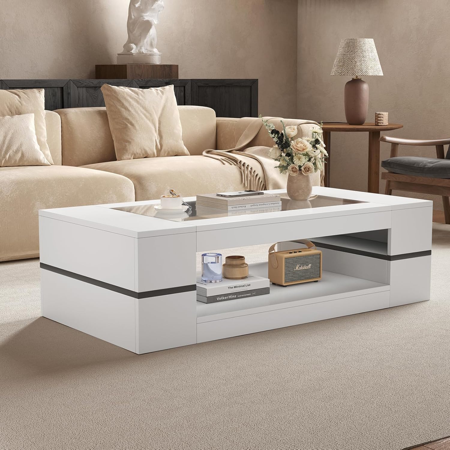 47.2" Modern Stylish Coffee Table with Glass Table Top, Large Living Room Table Rectangular 2-Tier Center Tables with Storage, Wooden Tea Tables for Dining Reception Room, White