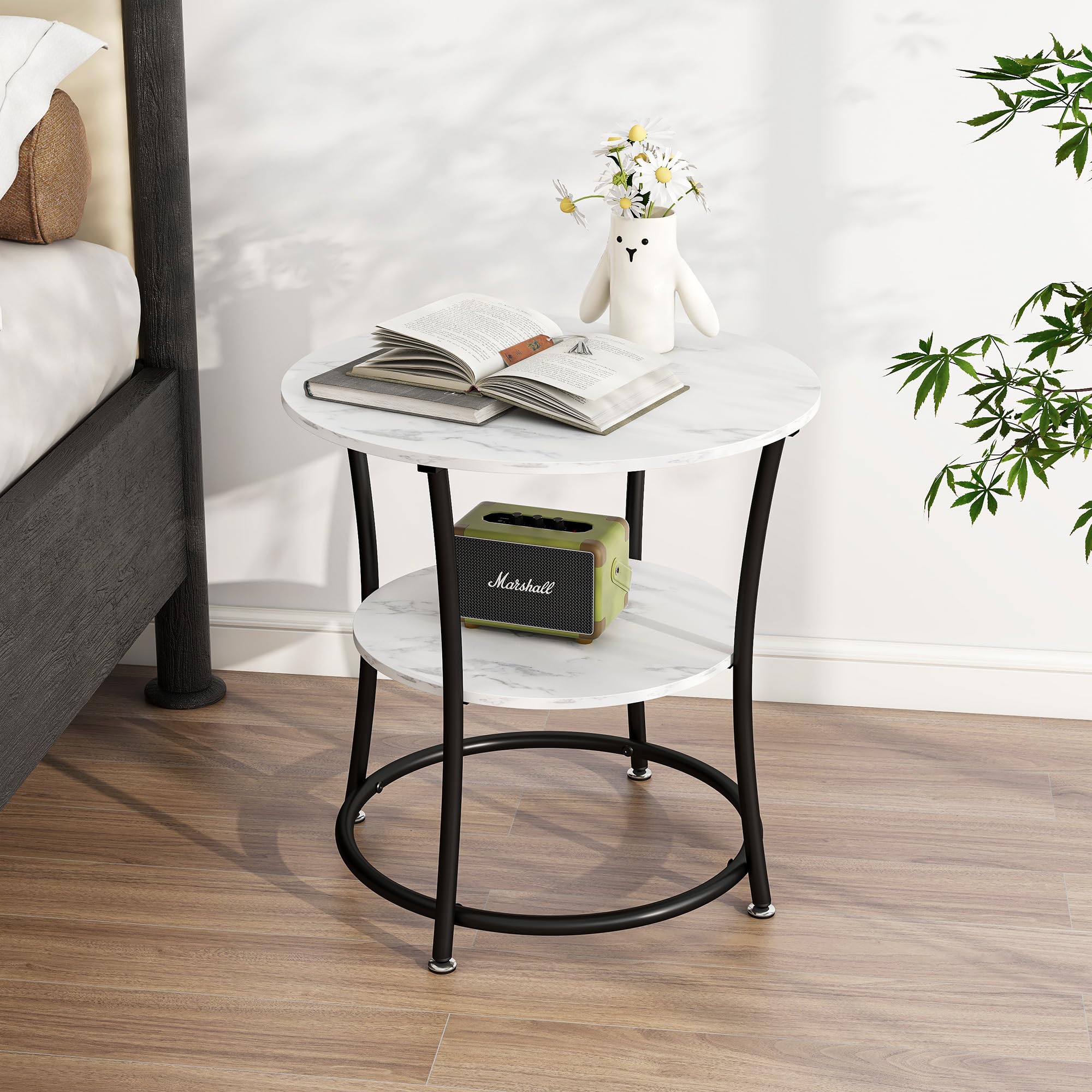 BOFENG Side Table,Round End Table with 2 Storage Shelves for Living Room, Bedroom,Small Spaces,Coffee Table Nightstand with Sturdy Metal Frame,Easy Assembly,Rustic Brown