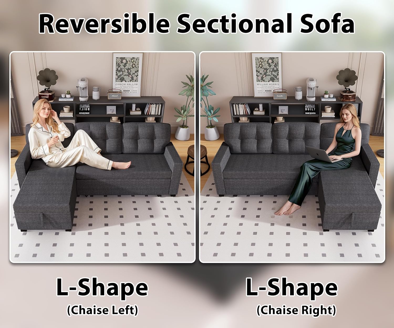 Reversible Sectional Sofa Couch, Sleeper Sofa Bed with Storage Chaise Pull Out Couch for Living Room | Hidden Stroge | Pull Out Bed | Removable Backrest | Linen Fabric, DeepGrey