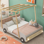 Harper & Bright Designs Full Size Kids Car Bed with Pillow, Ceiling Cloth and LED Light, Full Playhouse Bed Frame, Kids Canopy Bed, Wood Full Platform Bed for Kids Boys Girls Teens (Natural, Full)