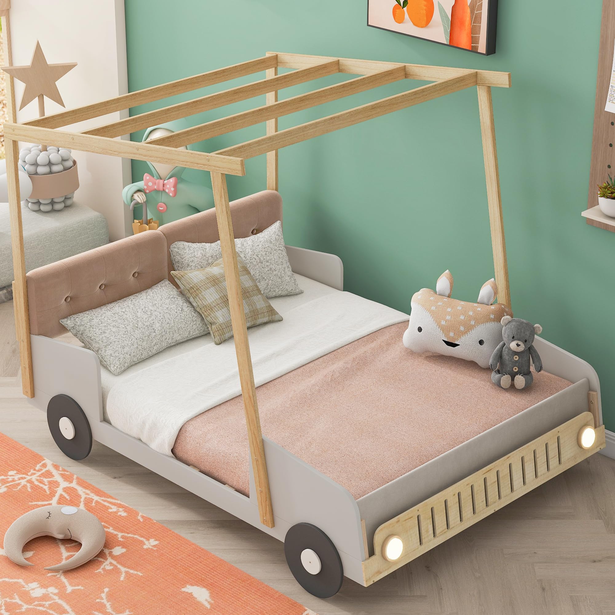 Harper & Bright Designs Full Size Kids Car Bed with Pillow, Ceiling Cloth and LED Light, Full Playhouse Bed Frame, Kids Canopy Bed, Wood Full Platform Bed for Kids Boys Girls Teens (Natural, Full)