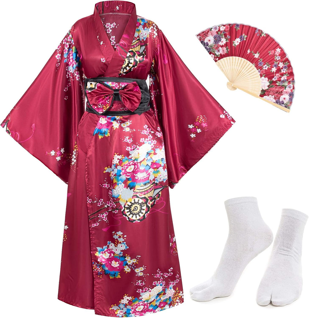 Japanese Anime Women's Kimono Robe Geisha Yukata Sweet Dress Blossom Satin Bathrobe Sleepwear Fans Tabi Socks Set