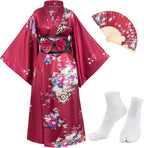 Japanese Anime Women's Kimono Robe Geisha Yukata Sweet Dress Blossom Satin Bathrobe Sleepwear Fans Tabi Socks Set