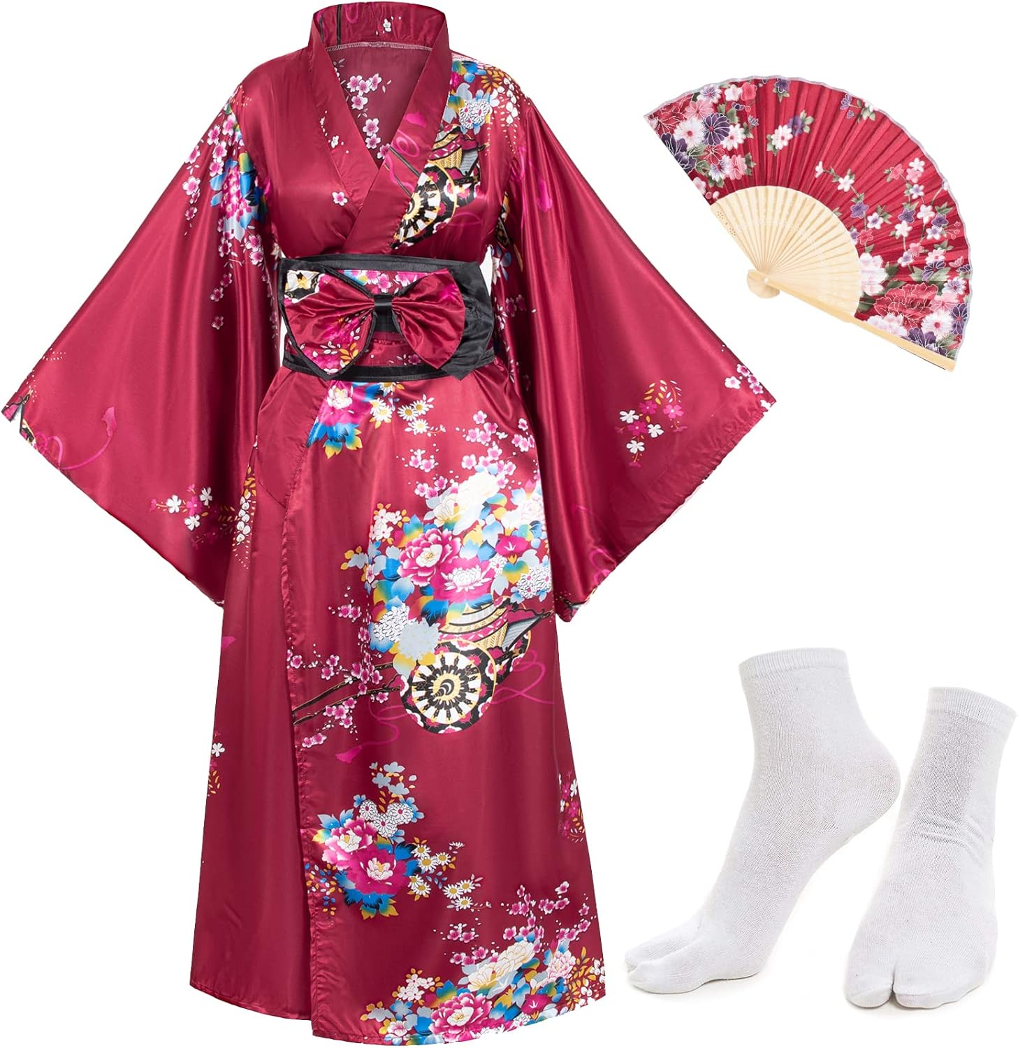 Japanese Anime Women's Kimono Robe Geisha Yukata Sweet Dress Blossom Satin Bathrobe Sleepwear Fans Tabi Socks Set