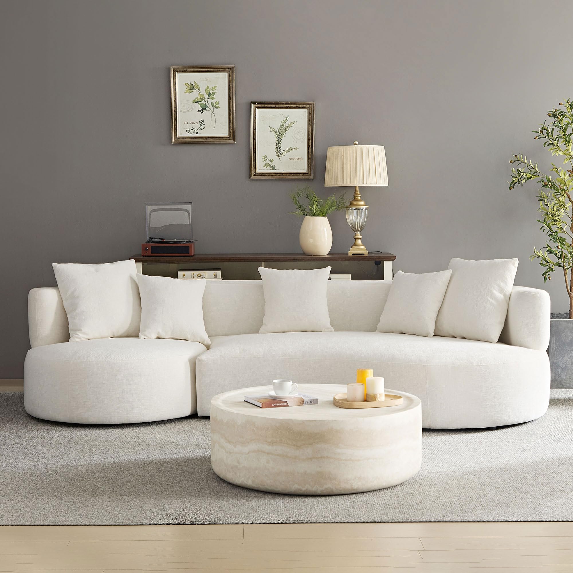 Modern 5 Seats Curved Sofa Oversized Half-Moon Sofa&Couch, Beautiful Freestanding Sofa Comfy Teddy Fleece Boucle Leisure Sofa Couch with 4 Big Pillows for Home Office Apartment Living Room