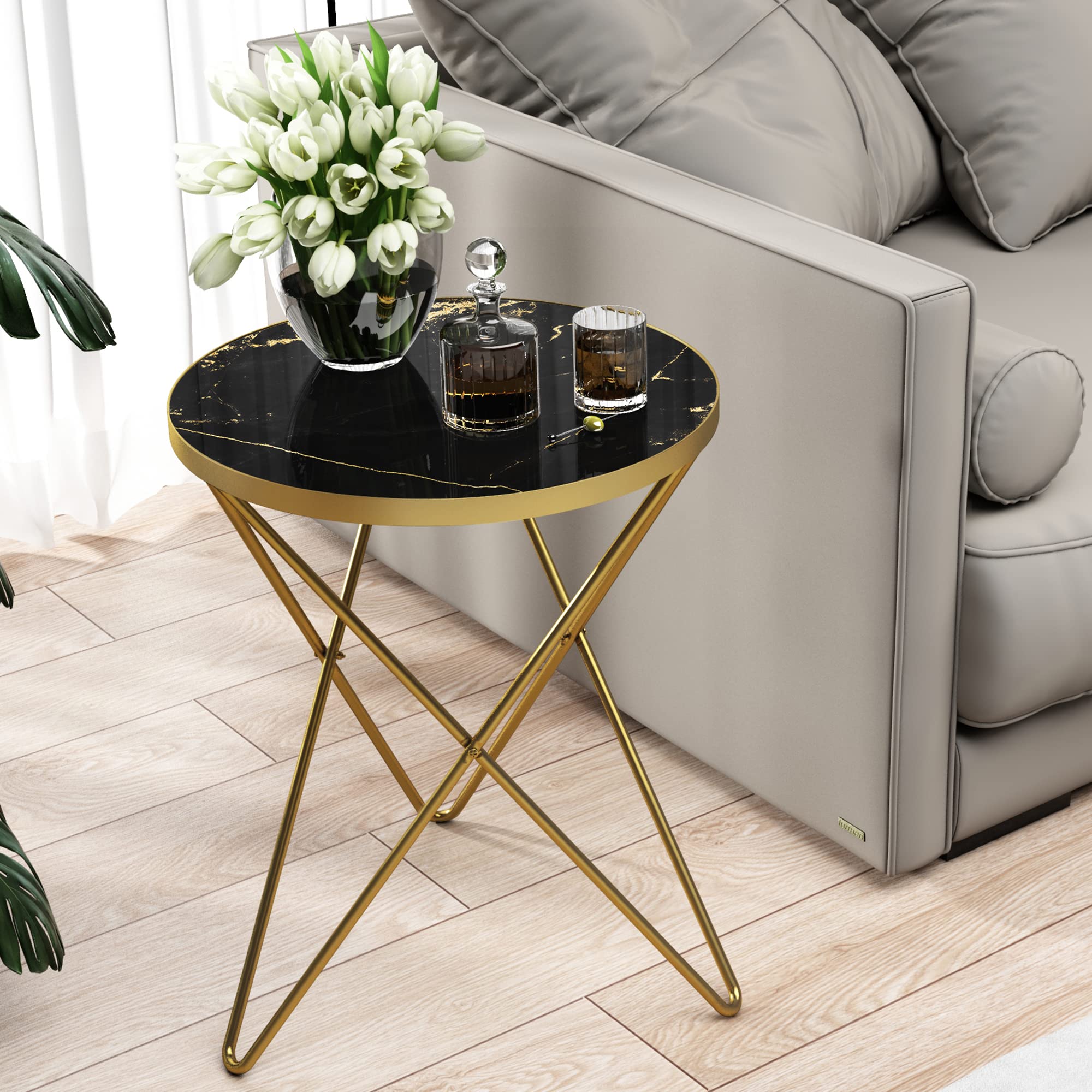 HLR Modern Round Side Table, End Table with Marble Effect Top and Gold Metal Frame, Small Side Table for Living Room, Bedroom, Sofa and Couch, Gold Legs, Green Marble top