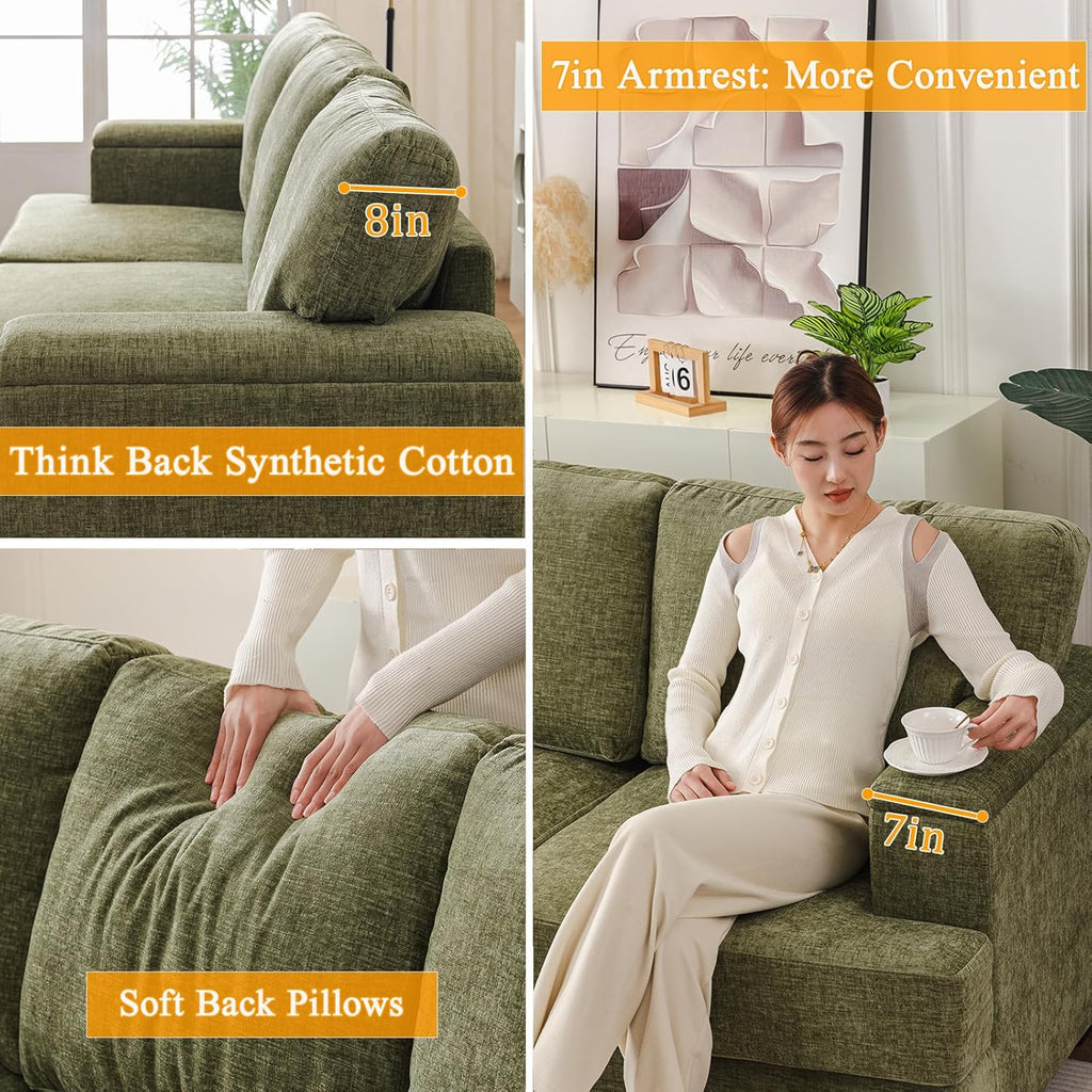 85'' L Shaped Couch with Armrest Organizer,Comfy 3 Seats Sofa with Thick Cushion,Chenille Sectional Couches for Living Room,Bedroom,Apartment,Sofa Set with Oversized Chair,Home Furniture,Green