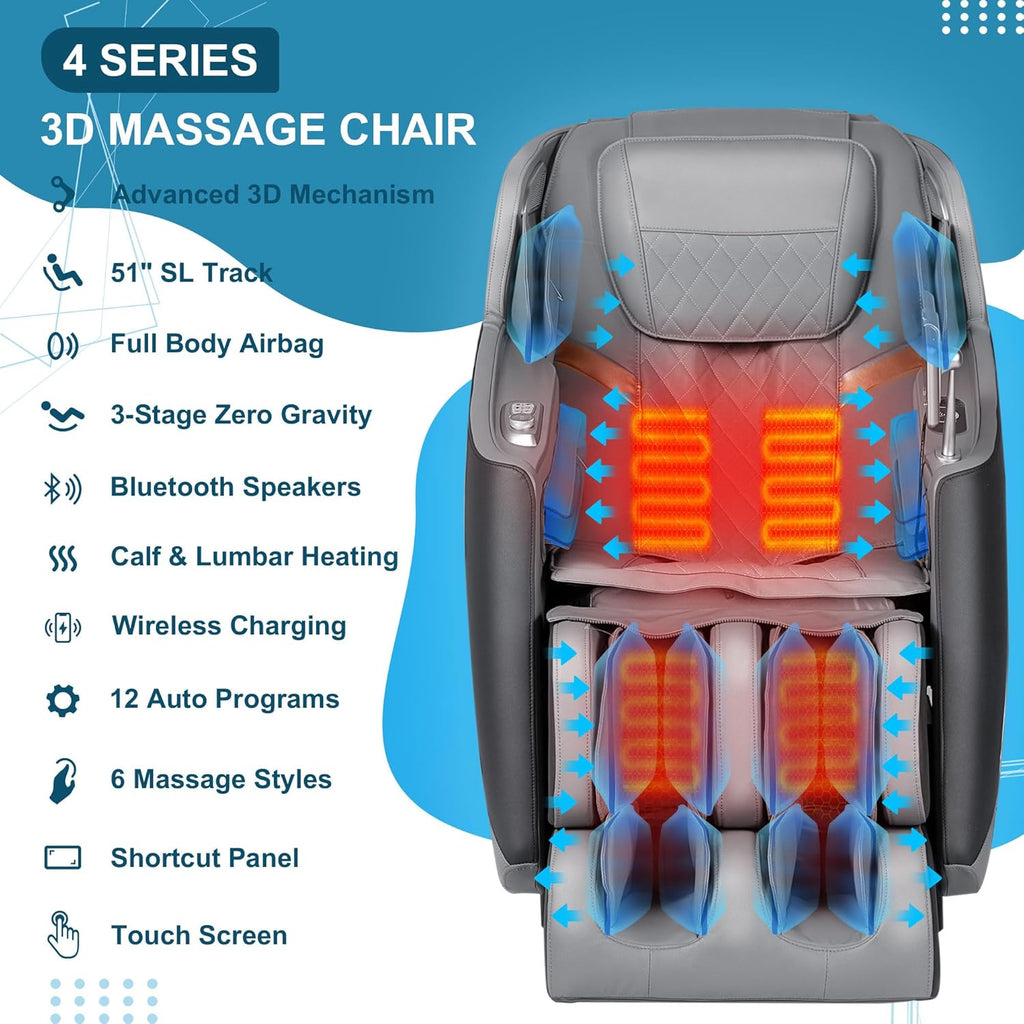 Massage Chair, 3D Massage Chair Full Body, Zero Gravity Shiatsu Recliner W/Heating, SL Track, Wireless Charger, Bluetooth Speaker, Foot Rollers, 12 Auto Modes Air Compression