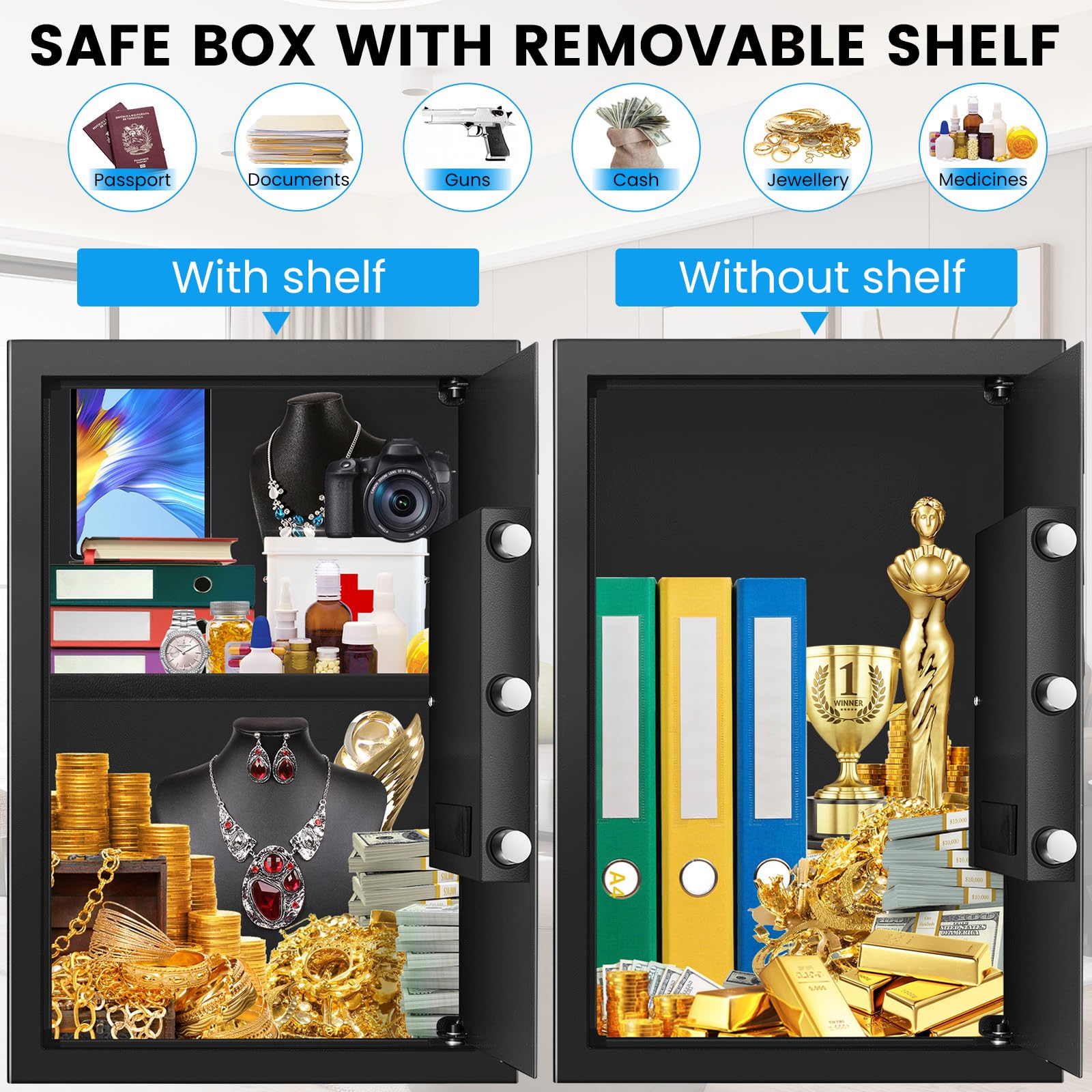 3.0 Cuft Safe Box, Home Safe Brandsikker Vandtæt, Security Digital Safe Box med elektronisk tastatur, Reservenøgle, Smart Alert, Mute Mode, Anti-Theft Brandsikker pengeskab til dokumentpenge Værdifuld