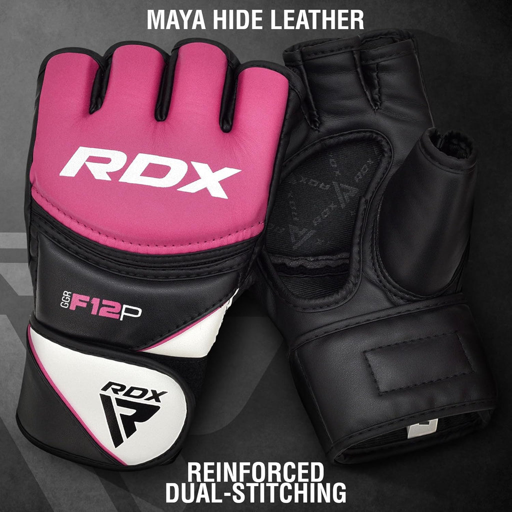 RDX MMA Gloves Grappling Sparring, Maya Hide Leather, Boxing Gloves Men Women Muay Thai Martial Arts Training, Half Finger Adjustable Mitts Wrist Support Kickboxing Cage Fighting Punching Bag Workout