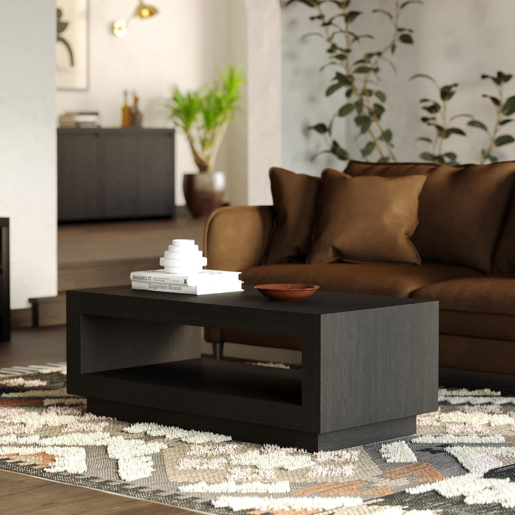 Maven Lane Artemis Coffee Table – 18 Inch Rectangle Table with Storage – Black Solid Wood – Ideal for Living Room and Lounge