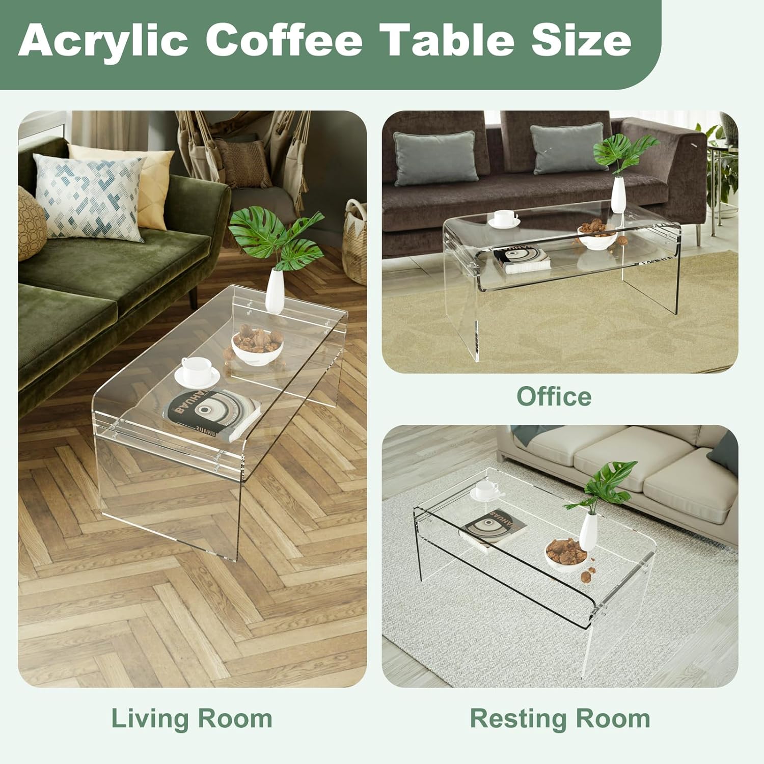 Acrylic Coffee Table, 31.5" Clear Coffee Table with Storage Shelf, Rectangle Centre Table, Modern Coffee Table for Living Room, Office，31.5" L x 15.8" W x 15" H