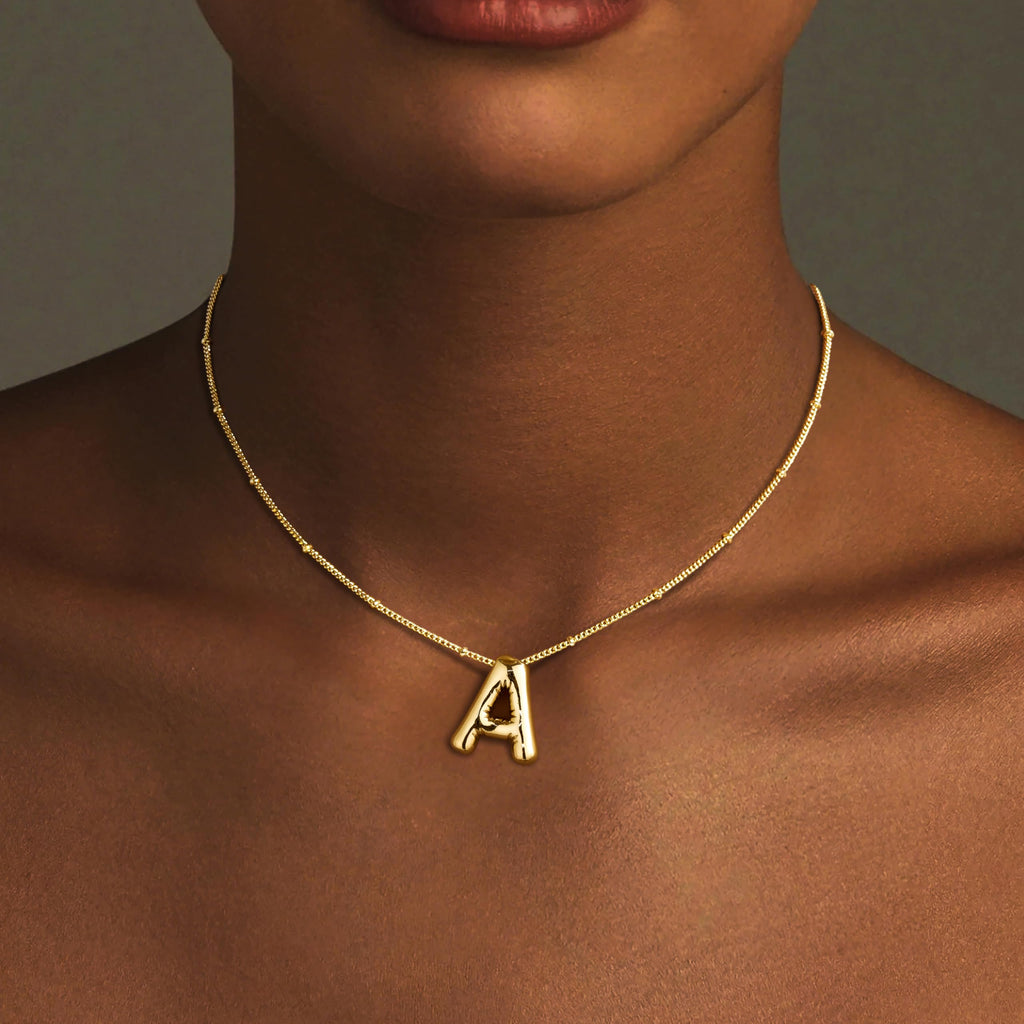 Inerney Gold Bubble Letter Necklace Initial Necklaces for Women, Chunky 14K Plated Balloon Initials, Trendy Charm Non Tarnish Custom Name A Pendant Jewelry Gifts for Mom