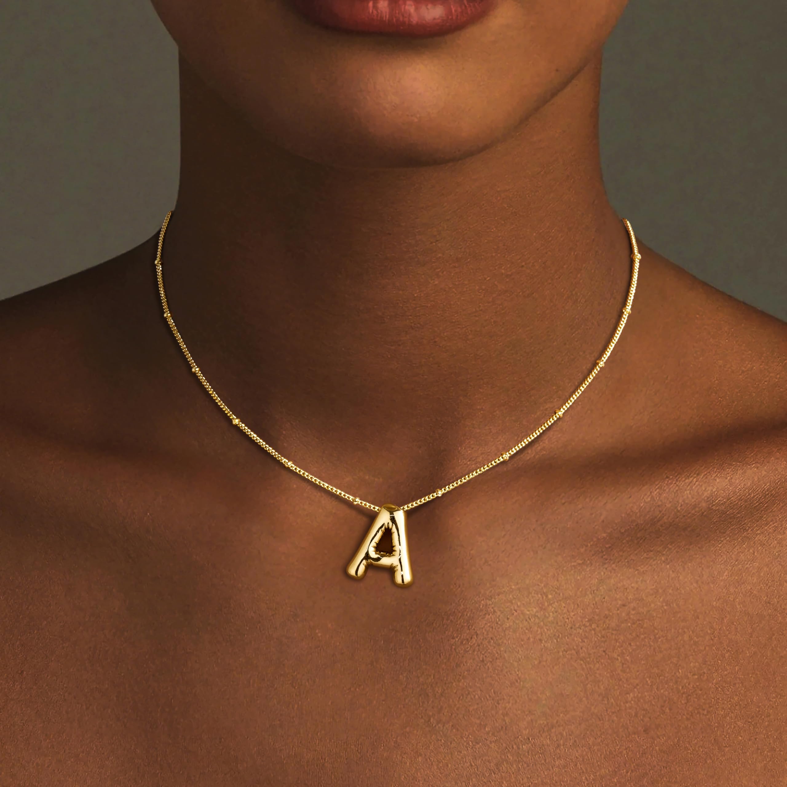 Inerney Gold Bubble Letter Necklace Initial Necklaces for Women, Chunky 14K Plated Balloon Initials, Trendy Charm Non Tarnish Custom Name A Pendant Jewelry Gifts for Mom