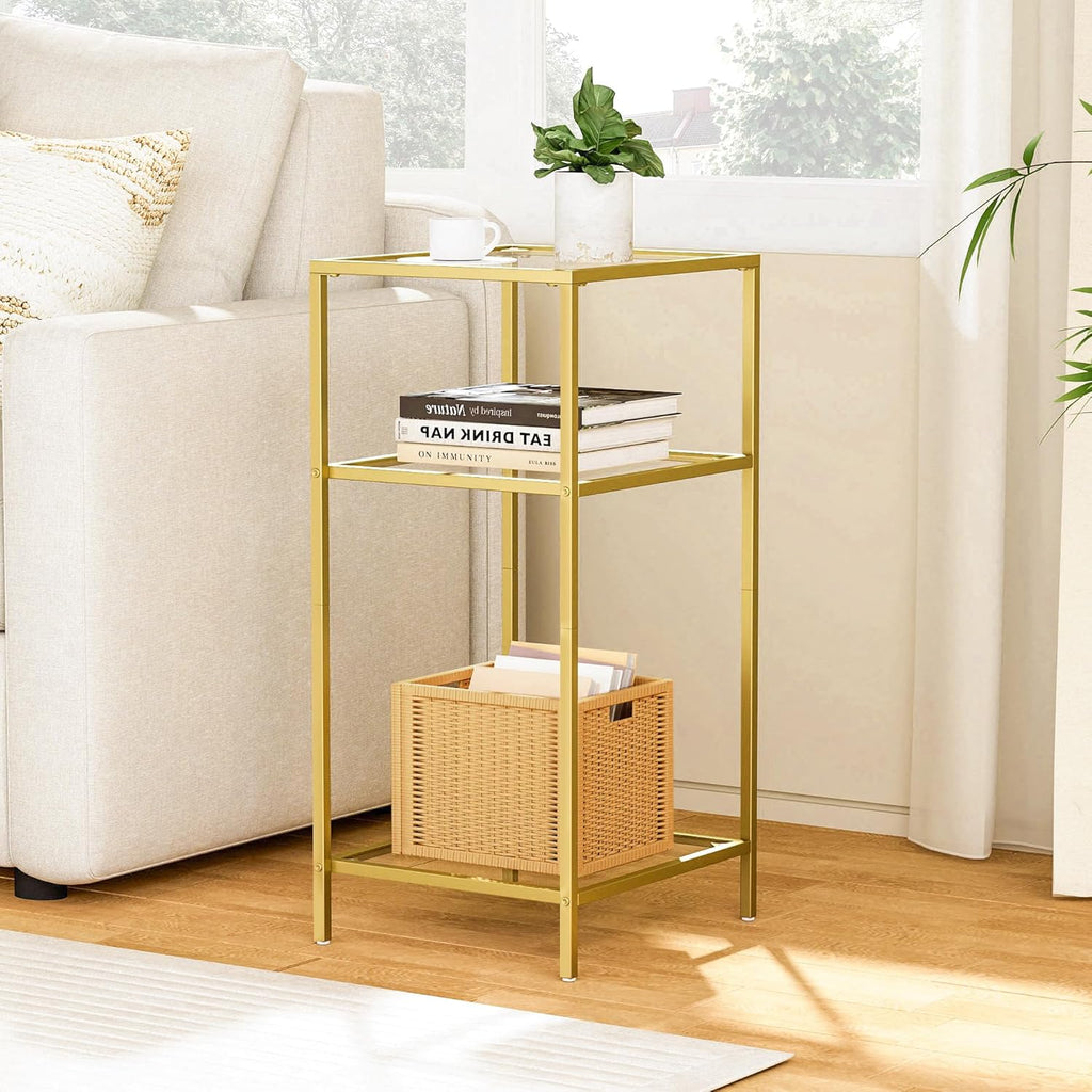 Homhedy 3-Tier Side Tables Set of 2, End Tables with Tempered Glass, Nightstands with Storage Shelves, Slim Sofa Tables for Living Room, Bedroom (2, Golden)