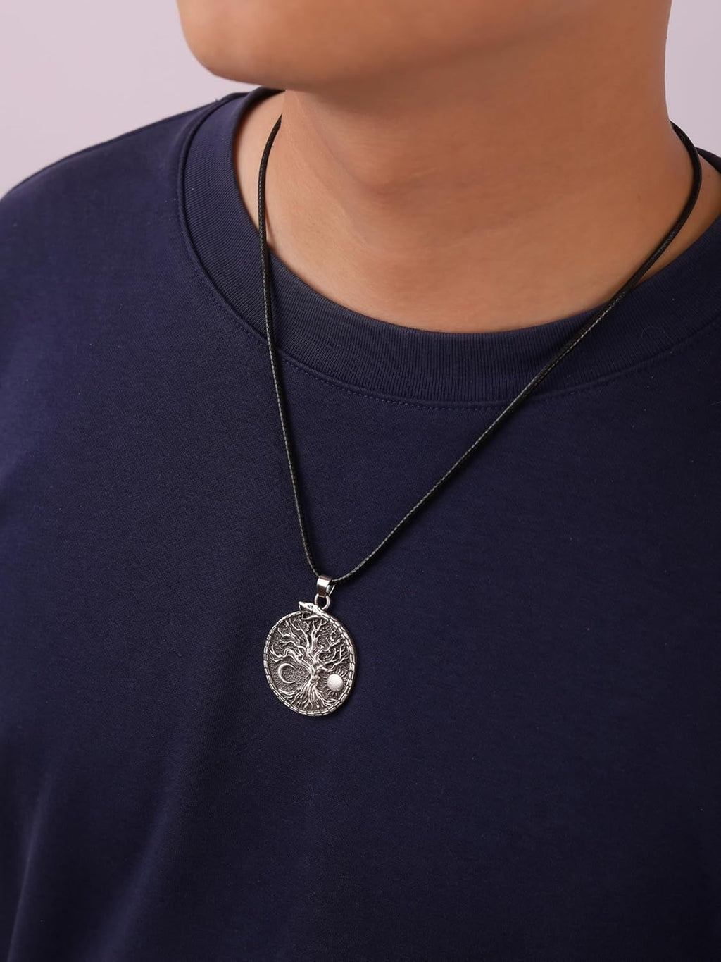 HAQUIL Viking Necklace, Sun Crescent Moon Yggdrasil Ouroboros Jormungandr Midgard Serpent Pendant, Faux Leather Cord, Viking Jewelry Gift