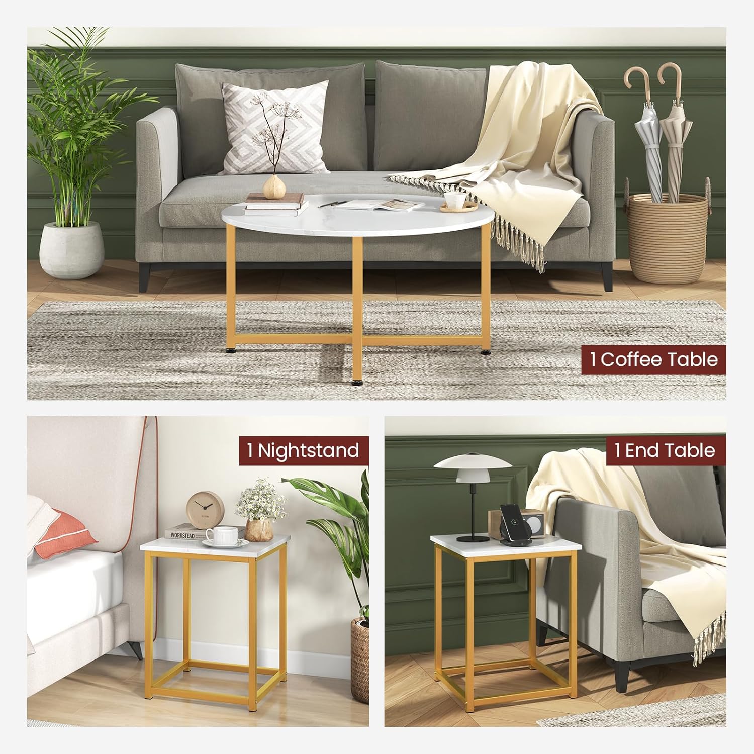 Giantex Round Nesting Table Set of 3, Modern Faux Marble Coffee Table w/2 End Tables, Sturdy Metal Frame, 3-Piece Wooden Living Room Table Set for Home Office, Apartment (White & Gold)