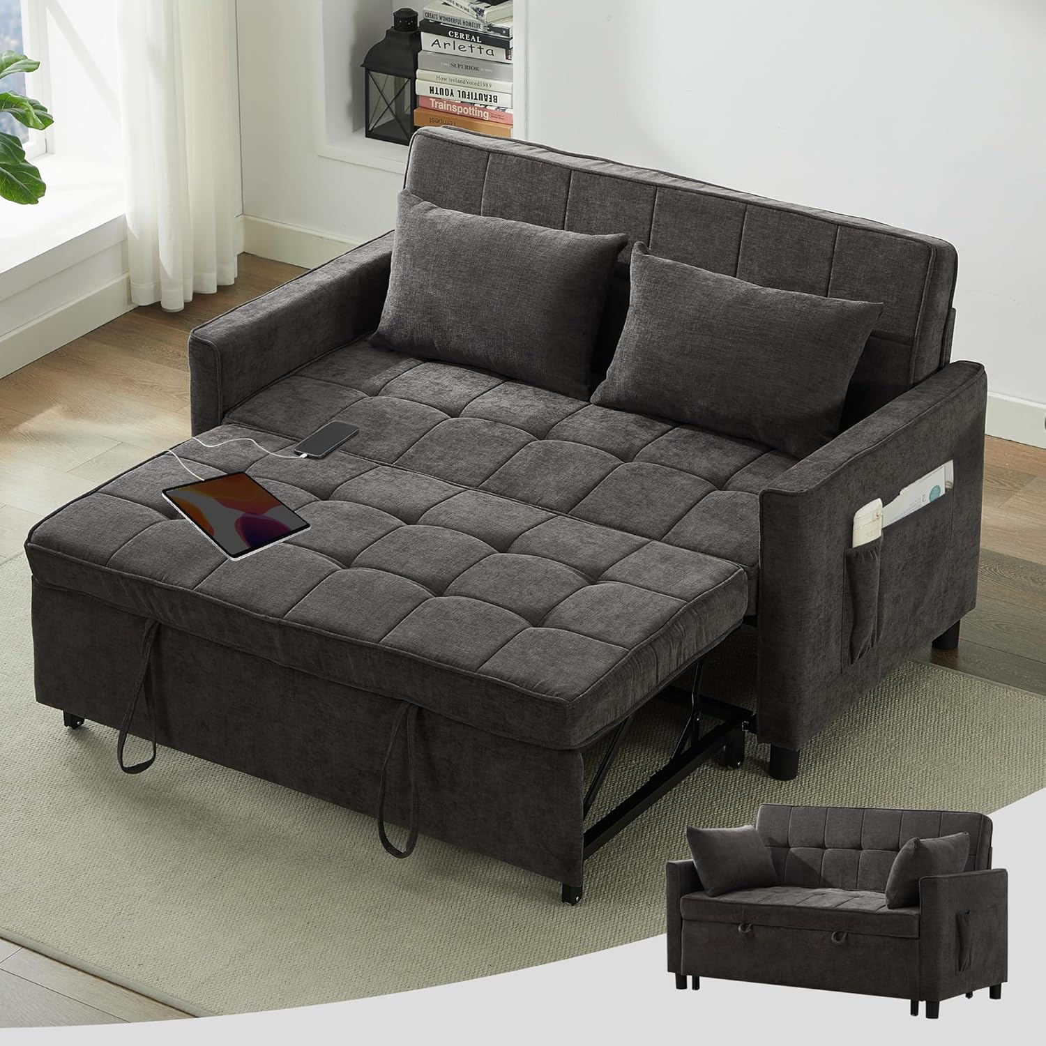 Tbfit 57" Convertible Sofa Bed, Chenille Futon Sleeper Sofa Couch with Pullout Bed, USB & Adjustable Backrest, Queen Size Pull Out Loveseat Couches for Living Room, Apartment, Office, Dorm, Dark Grey