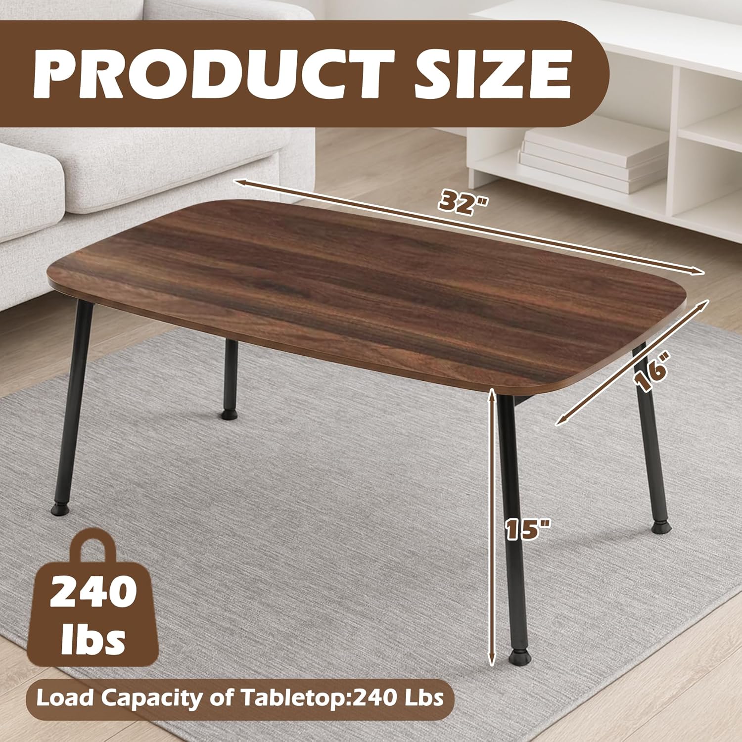 Folding Coffee Table, Portable Floor Table for Sitting on The Floor, Midcentury Modern Coffee Table, Foldable Floor Table for Living Room, 32''L x 16''W x 15''H, Walnut