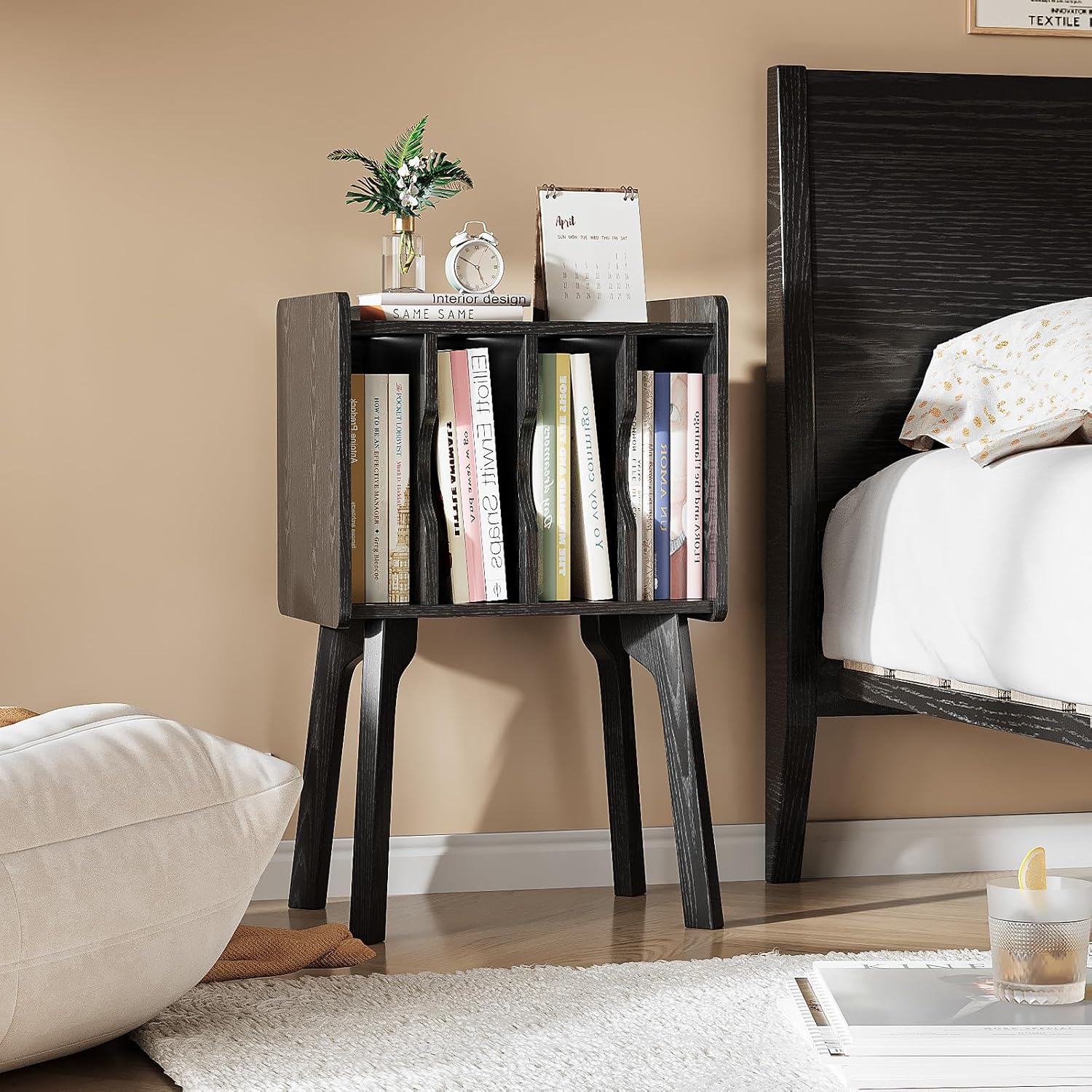 Urban Deco Wooden Nightstand, End Table with 4 Storage Cabinet, Bedside Table with Legs, Side Coffee Table Suit for Small Space and Bedroom, Black