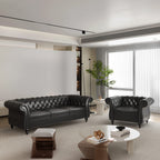 2 Piece Living Room Set, Chesterfield Leather Sofa Couch Chair with Scroll Arms and Nailhead for Living Room, Office (Dark Brown)