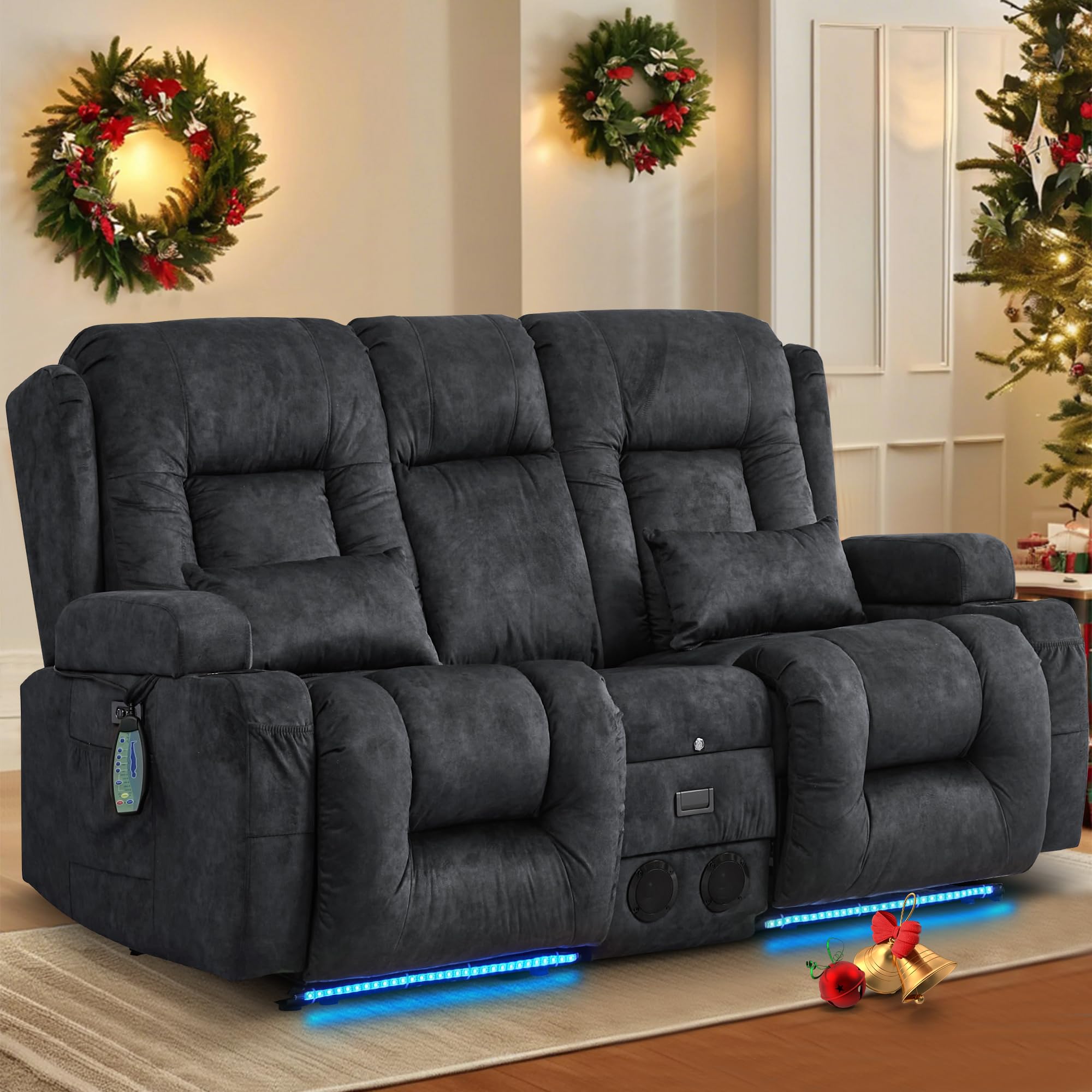 TUNYI Power Loveseat Recliner Sofa with Massage & Heat Home Theater Seating with Console Electric Recliner RV Sofa with USB/Outlet/Storage/Side Pocket/LED Light/Speaker (Brown, Loveseat)