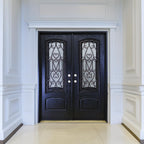 72" x 80" Environment Damage Resistant Polyurethane Composite Exterior Entry House Front Door, Wrought Iron Door w/Openable Tempered Rain Glass Window, Right-Hand Double Espresso