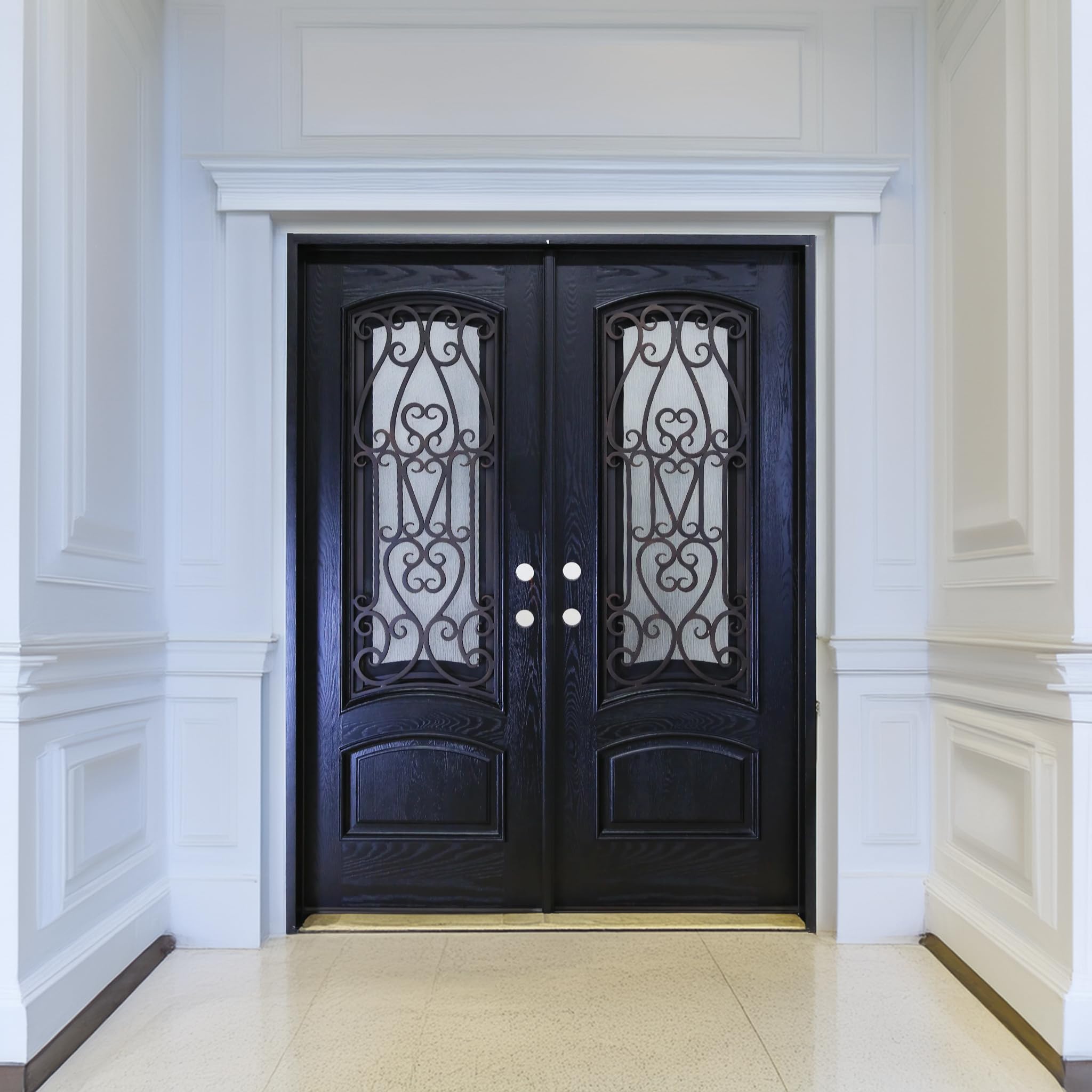 72" x 80" Environment Damage Resistant Polyurethane Composite Exterior Entry House Front Door, Wrought Iron Door w/Openable Tempered Rain Glass Window, Right-Hand Double Espresso