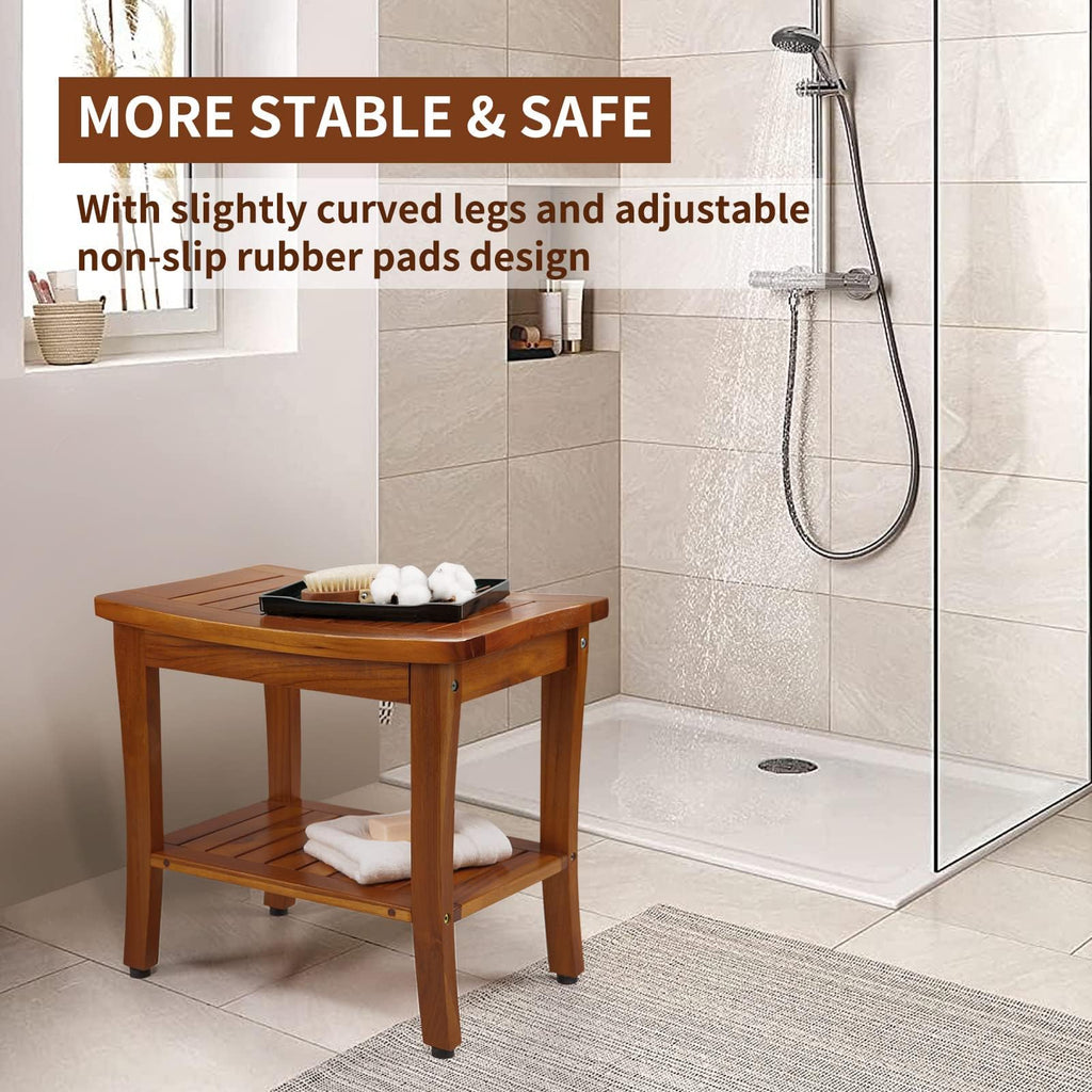 TEAKMAMA 20" Teak Shower Bench Waterproof Wooden Chair for Inside Use, Teak Shower Stool with Shelf for Bathroom, Durable Bath Bench for Elderly, Assembly Required