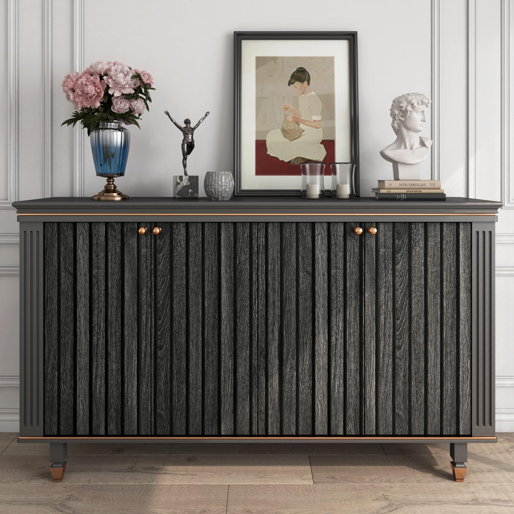 FunStick Black Slats Wood Wallpaper Peel and Stick Wood Contact Paper for Cabinets Peel & Stick Wood Slats Wallpaper for Wall Decor Waterproof Removable Wood Wallpaper for Bedroom Countertops 12"x200"