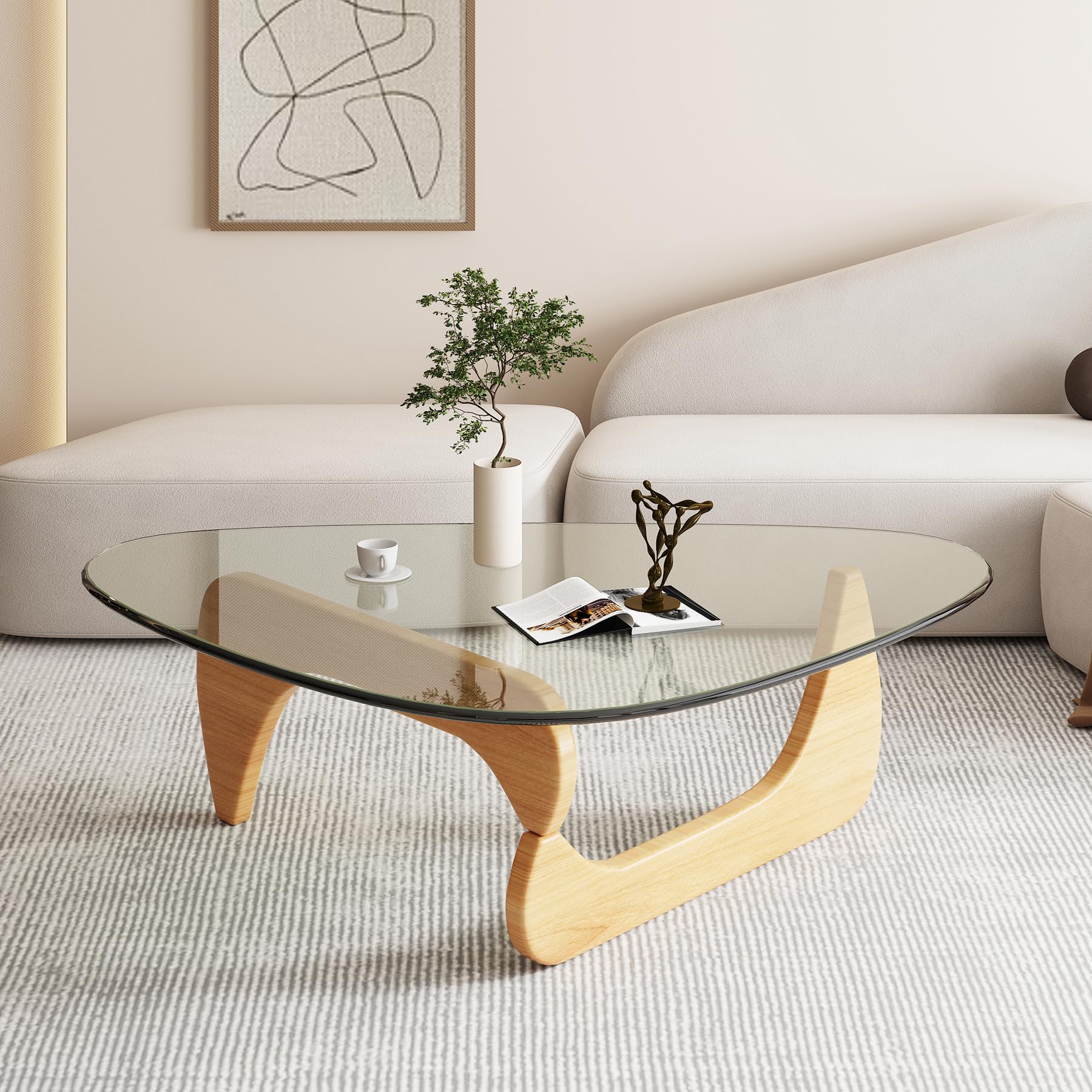 Triangle Glass Coffee Table-Mid-Century Modern End Table Solid Wood Base & Vintage Tempered Transparent Glass Top Coffee Tables Living Room Balcony (Black/Brown, Small 32.2 * 22.4 * 16in)