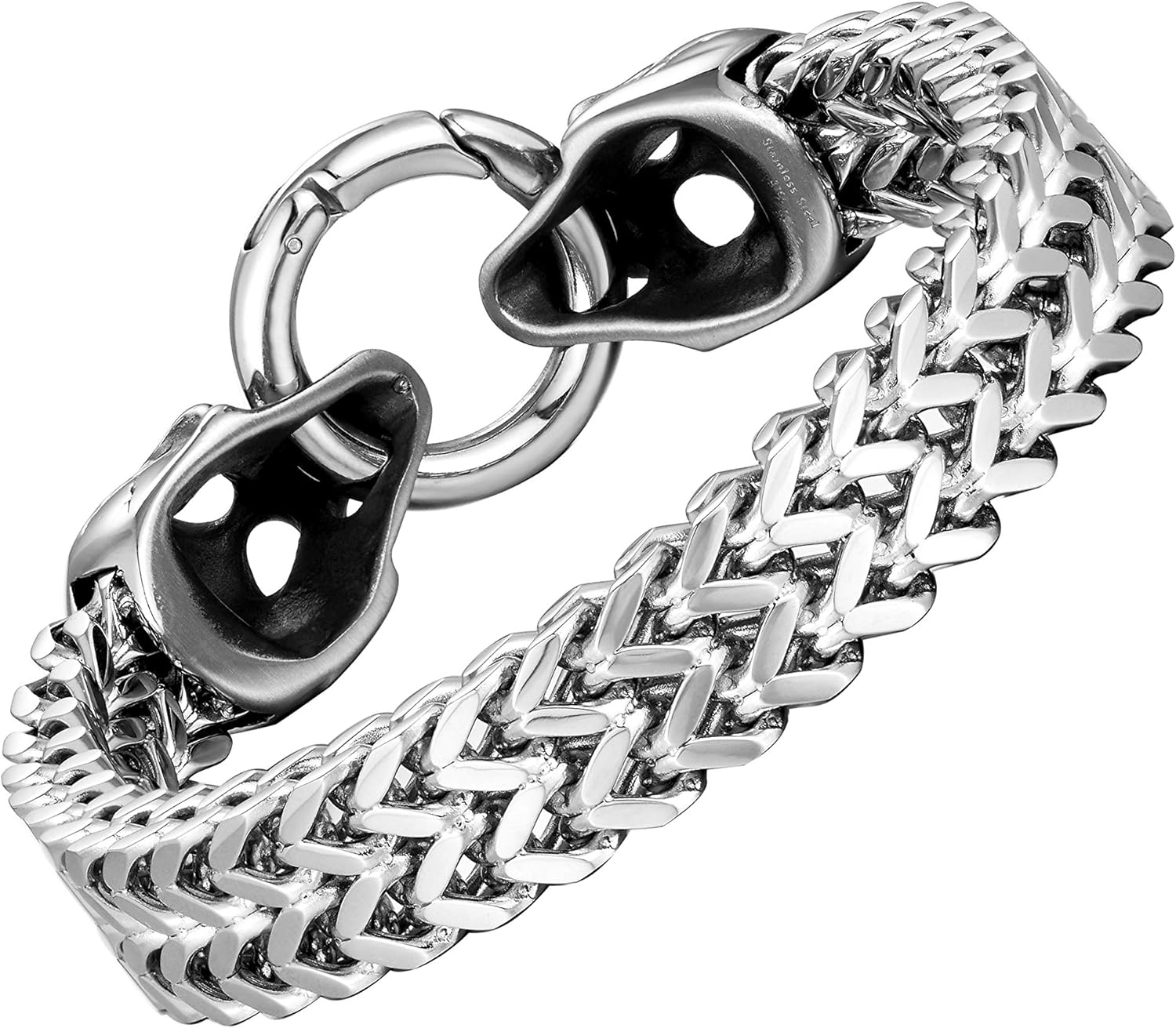 Bold Men’s Biker Bracelet – Skull, Wolf, and Foxtail Chain Designs in Polished Silver & Black Genuine Leather – Rust & Discoloration Resistant Stainless Steel – Jewelry Gift or Accessory for Men