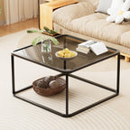 Coffee Table Glass, Minimalist Square Tables for Living Room, Modern Center Table for Office or Small Space, Tempered Glass, Sturdy Metal Frame, Easy Assembly, 26.4 x 26.4 x 15.7 Inches, Gold
