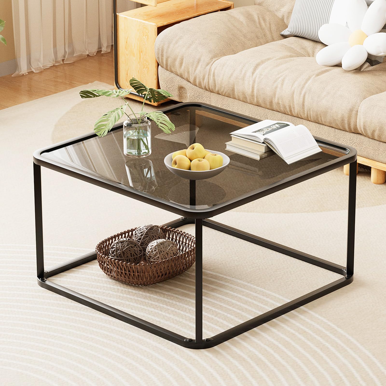 Coffee Table Glass, Minimalist Square Tables for Living Room, Modern Center Table for Office or Small Space, Tempered Glass, Sturdy Metal Frame, Easy Assembly, 26.4 x 26.4 x 15.7 Inches, Gold