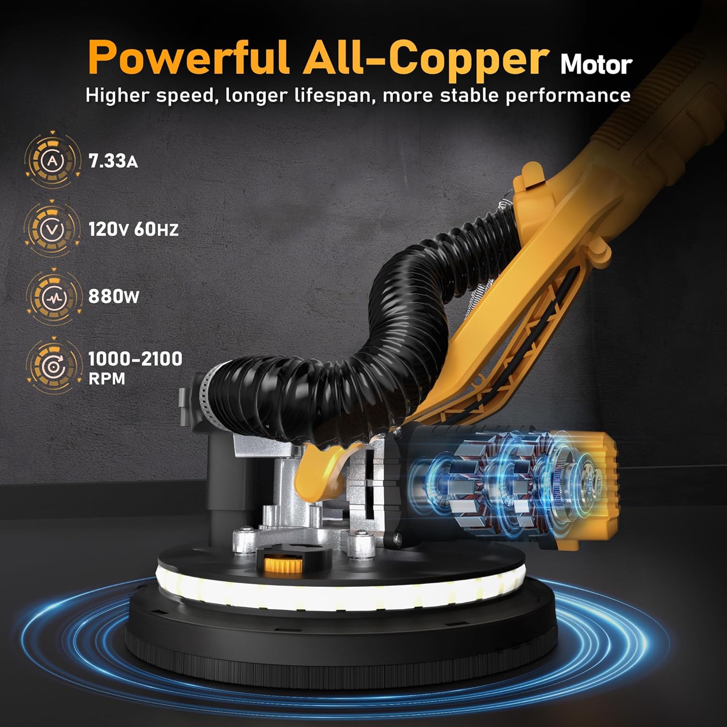 GEVEELIFE Drywall Sander, 880W 7.33A Electric Drywall Sander with Vacuum Dust Collector, 5 Variable Speed 1000-2100RPM, LED Light, Foldable & Extendable Handle, 12 Sanding Discs